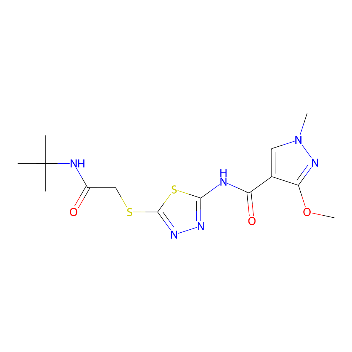 N-(5-((2-(tert-butylamino)-2-oxoethyl)thio)-1,3,4-thiadiazol-2-yl)-3-methoxy-1-methyl-1H-pyrazole-4-carboxamide molecular structure, CAS 1170391-21-5