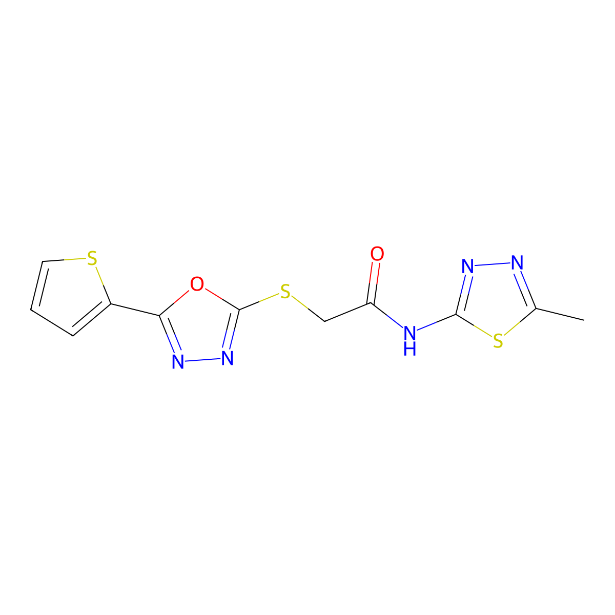 N-(5-methyl-1,3,4-thiadiazol-2-yl)-2-((5-(thiophen-2-yl)-1,3,4-oxadiazol-2-yl)thio)acetamide molecular structure, CAS 1170392-13-8