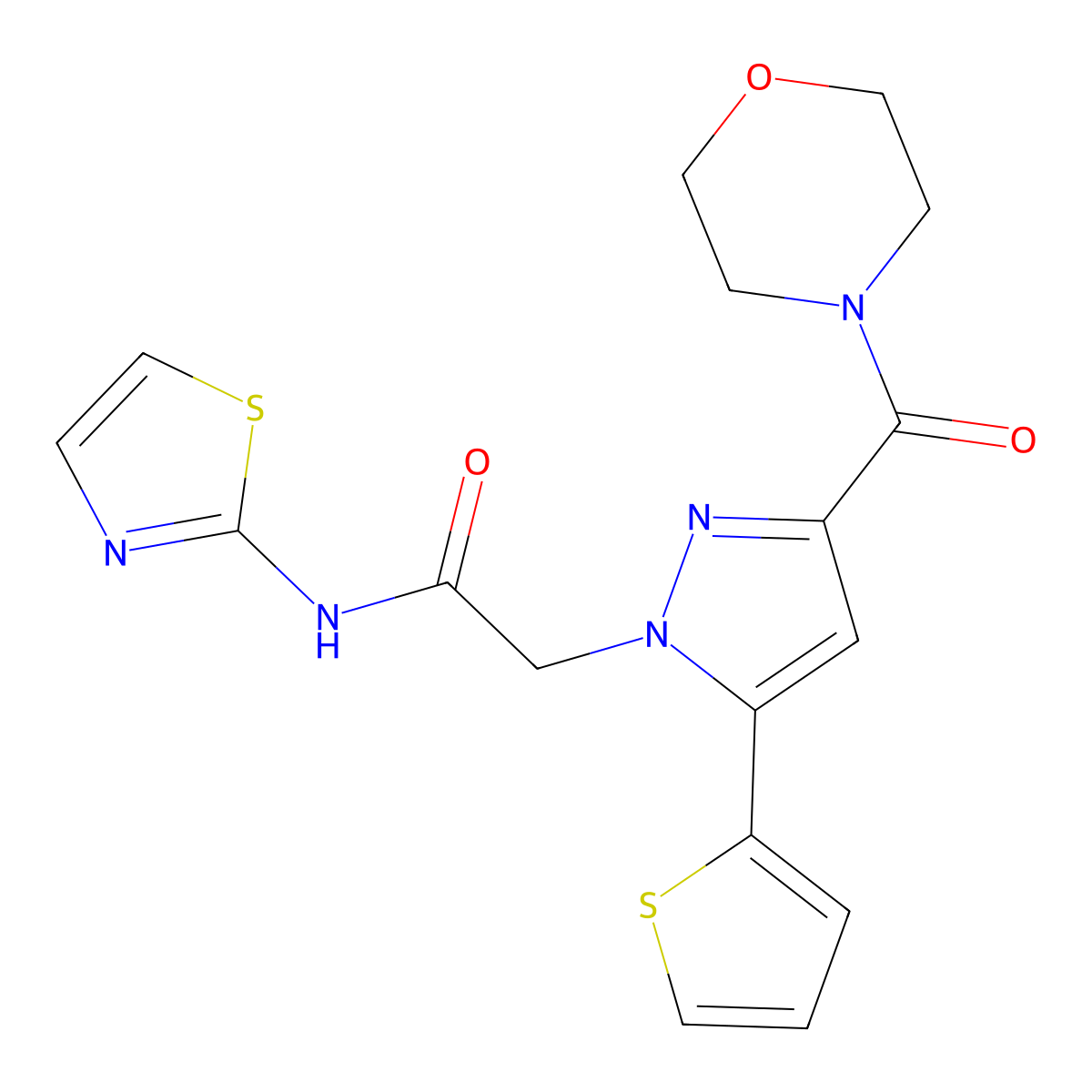 2-(3-(morpholine-4-carbonyl)-5-(thiophen-2-yl)-1H-pyrazol-1-yl)-N-(thiazol-2-yl)acetamide molecular structure, CAS 1170392-95-6