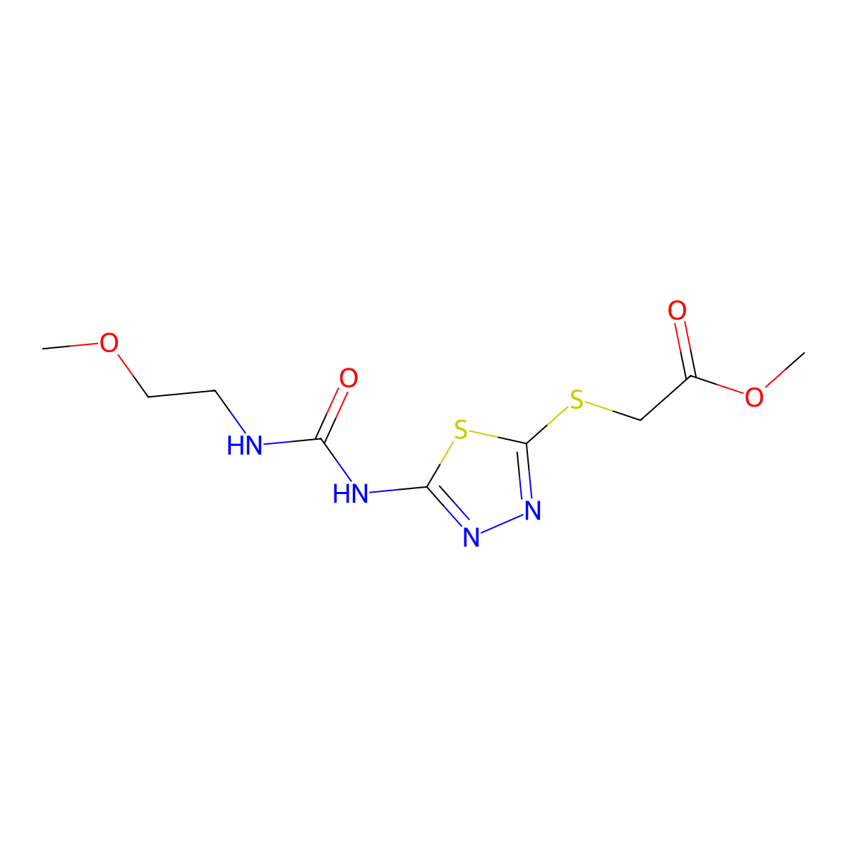 Methyl 2-((5-(3-(2-methoxyethyl)ureido)-1,3,4-thiadiazol-2-yl)thio)acetate molecular structure, CAS 1170393-20-0