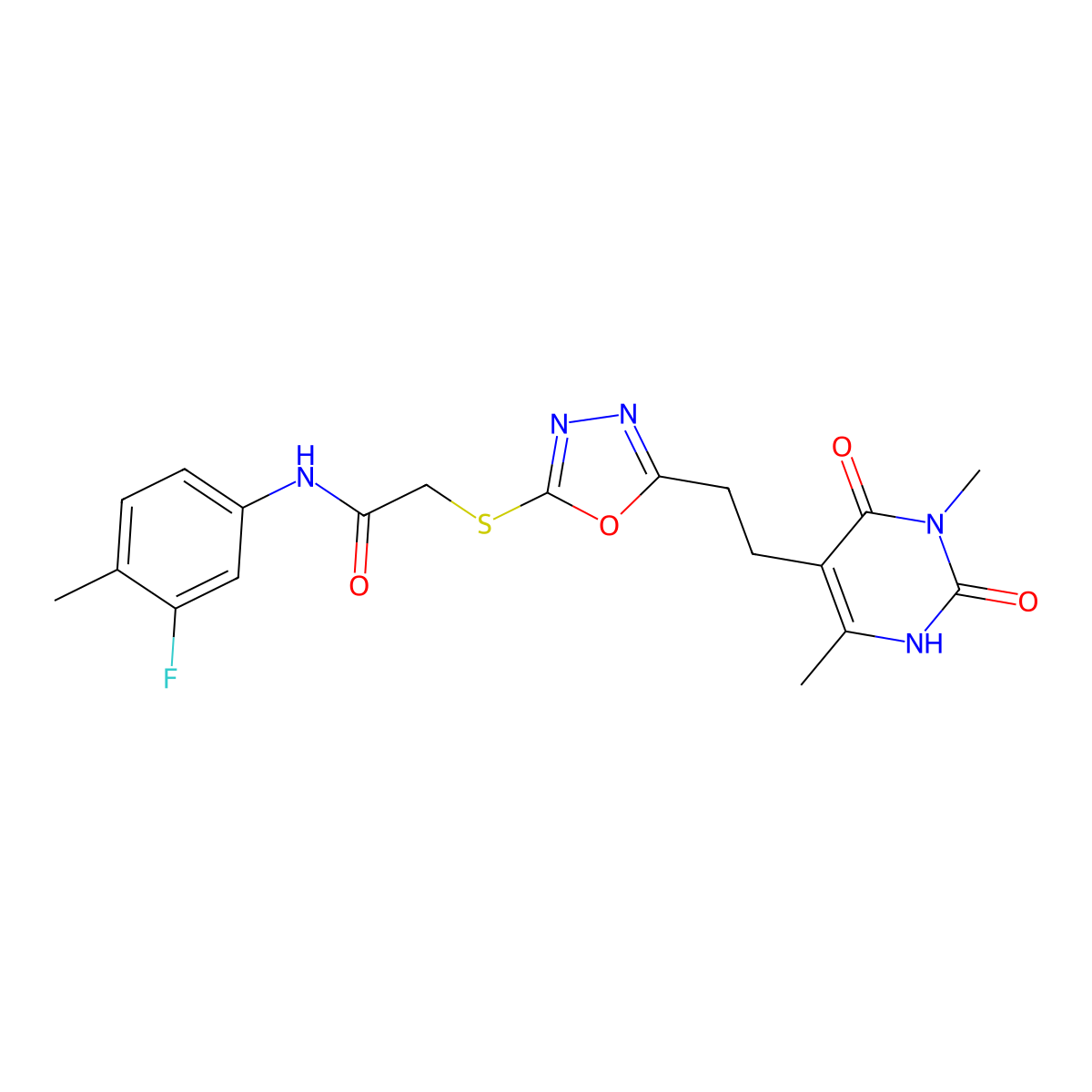 2-((5-(2-(3,6-dimethyl-2,4-dioxo-1,2,3,4-tetrahydropyrimidin-5-yl)ethyl)-1,3,4-oxadiazol-2-yl)thio)-N-(3-fluoro-4-methylphenyl)acetamide molecular structure, CAS 1170394-02-1