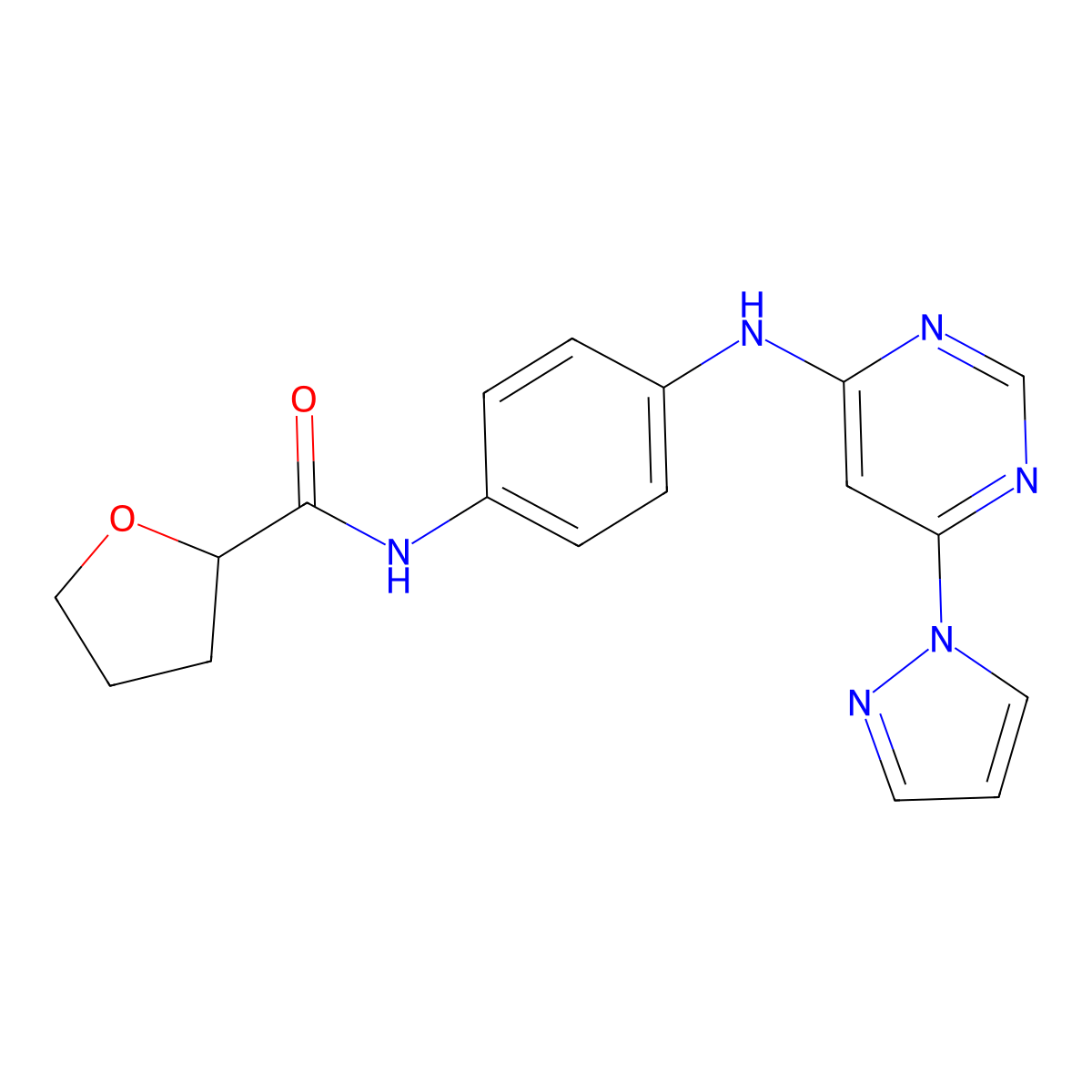 N-(4-((6-(1H-pyrazol-1-yl)pyrimidin-4-yl)amino)phenyl)tetrahydrofuran-2-carboxamide molecular structure, CAS 1170396-91-4