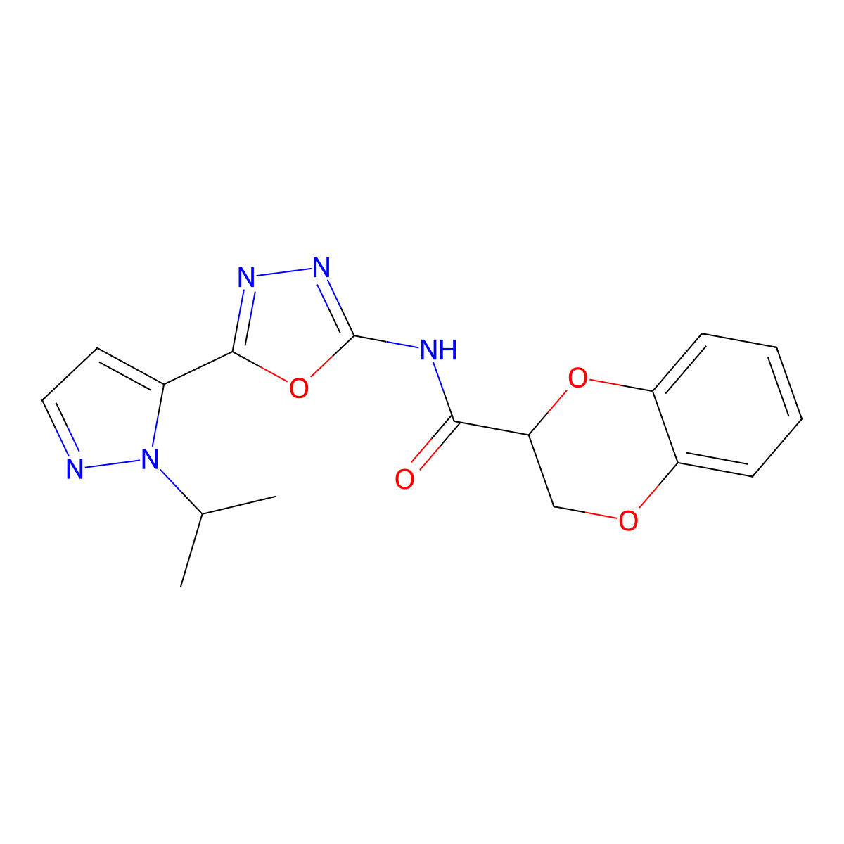 N-(5-(1-isopropyl-1H-pyrazol-5-yl)-1,3,4-oxadiazol-2-yl)-2,3-dihydrobenzo[b][1,4]dioxine-2-carboxamide molecular structure, CAS 1170398-08-9