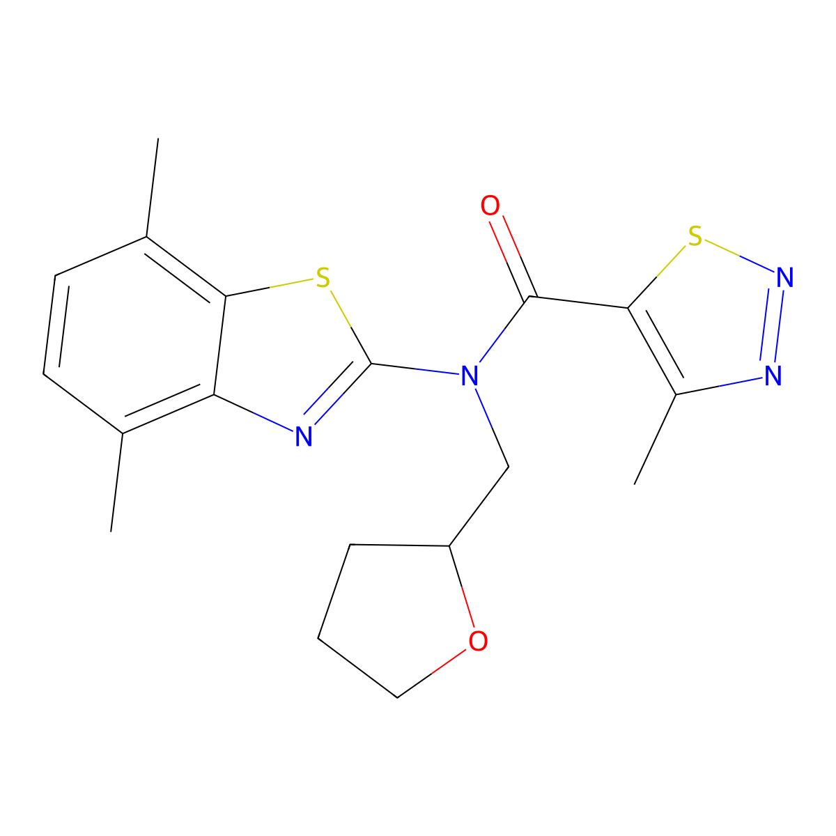 N-(4,7-dimethylbenzo[d]thiazol-2-yl)-4-methyl-N-((tetrahydrofuran-2-yl)methyl)-1,2,3-thiadiazole-5-carboxamide molecular structure, CAS 1170400-07-3