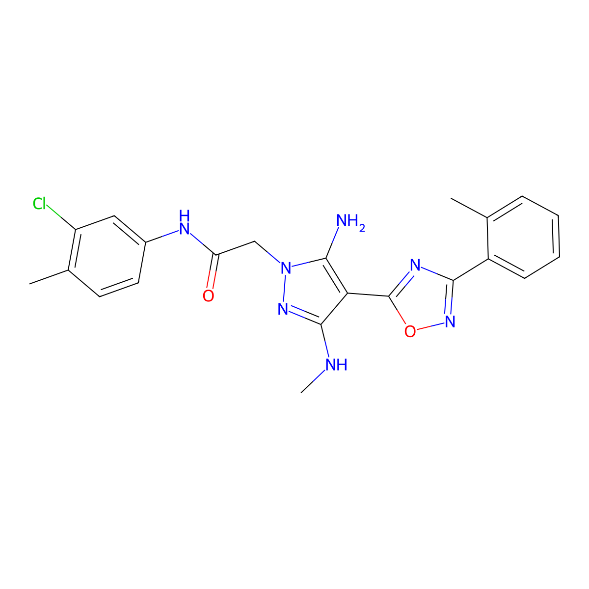 2-(5-amino-3-(methylamino)-4-(3-(o-tolyl)-1,2,4-oxadiazol-5-yl)-1H-pyrazol-1-yl)-N-(3-chloro-4-methylphenyl)acetamide molecular structure, CAS 1170401-46-3