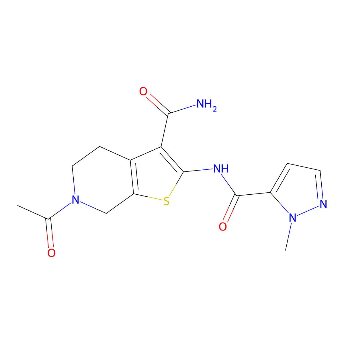 6-acetyl-2-(1-methyl-1H-pyrazole-5-carboxamido)-4,5,6,7-tetrahydrothieno[2,3-c]pyridine-3-carboxamide molecular structure, CAS 1170402-38-6