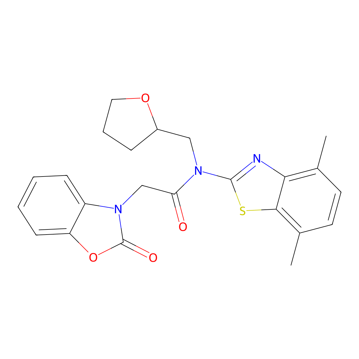 N-(4,7-dimethyl-1,3-benzothiazol-2-yl)-2-(2-oxo-2,3-dihydro-1,3-benzoxazol-3-yl)-N-[(oxolan-2-yl)methyl]acetamide molecular structure, CAS 1170406-39-9