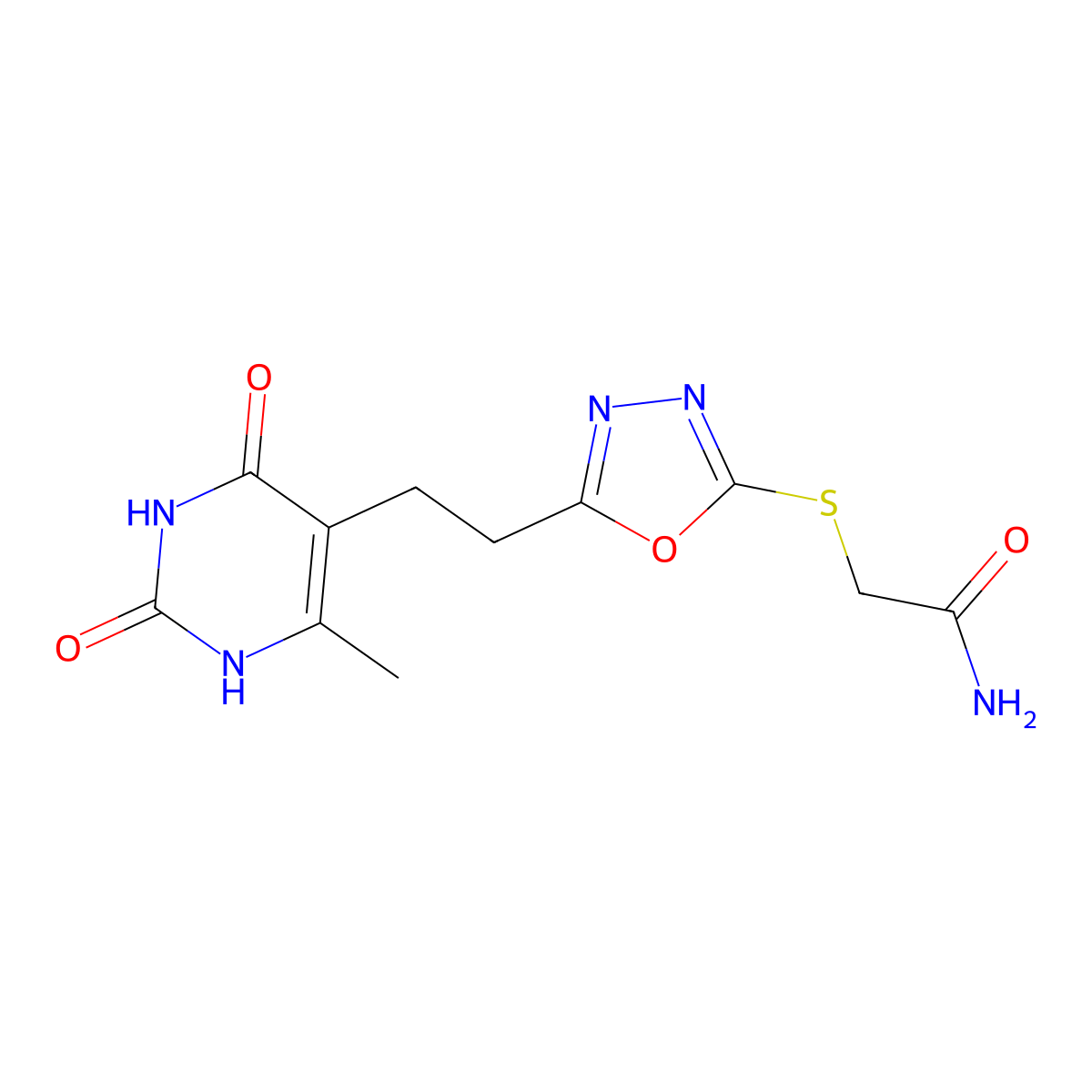 2-((5-(2-(6-Methyl-2,4-dioxo-1,2,3,4-tetrahydropyrimidin-5-yl)ethyl)-1,3,4-oxadiazol-2-yl)thio)acetamide molecular structure, CAS 1170411-96-7
