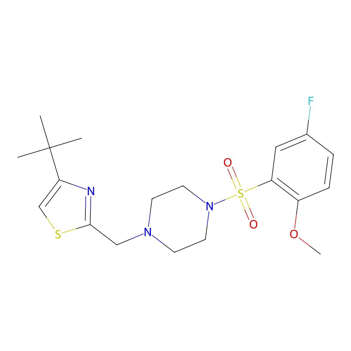 4-(Tert-butyl)-2-((4-((5-fluoro-2-methoxyphenyl)sulfonyl)piperazin-1-yl)methyl)thiazole molecular structure, CAS 1170413-38-3