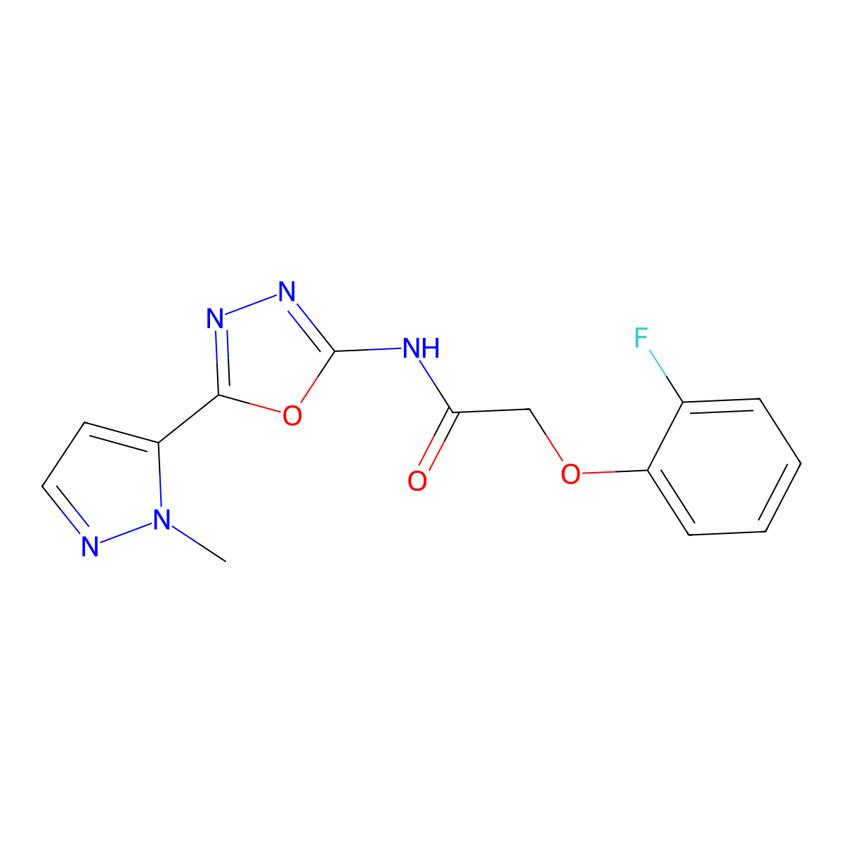 2-(2-fluorophenoxy)-N-(5-(1-methyl-1H-pyrazol-5-yl)-1,3,4-oxadiazol-2-yl)acetamide molecular structure, CAS 1170414-30-8