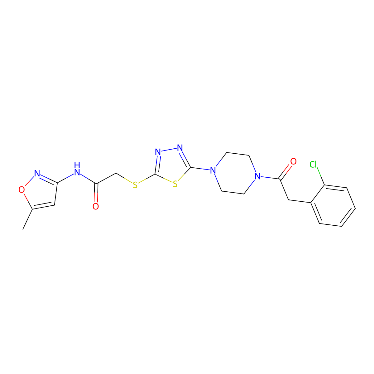 2-((5-(4-(2-(2-chlorophenyl)acetyl)piperazin-1-yl)-1,3,4-thiadiazol-2-yl)thio)-N-(5-methylisoxazol-3-yl)acetamide molecular structure, CAS 1170415-65-2