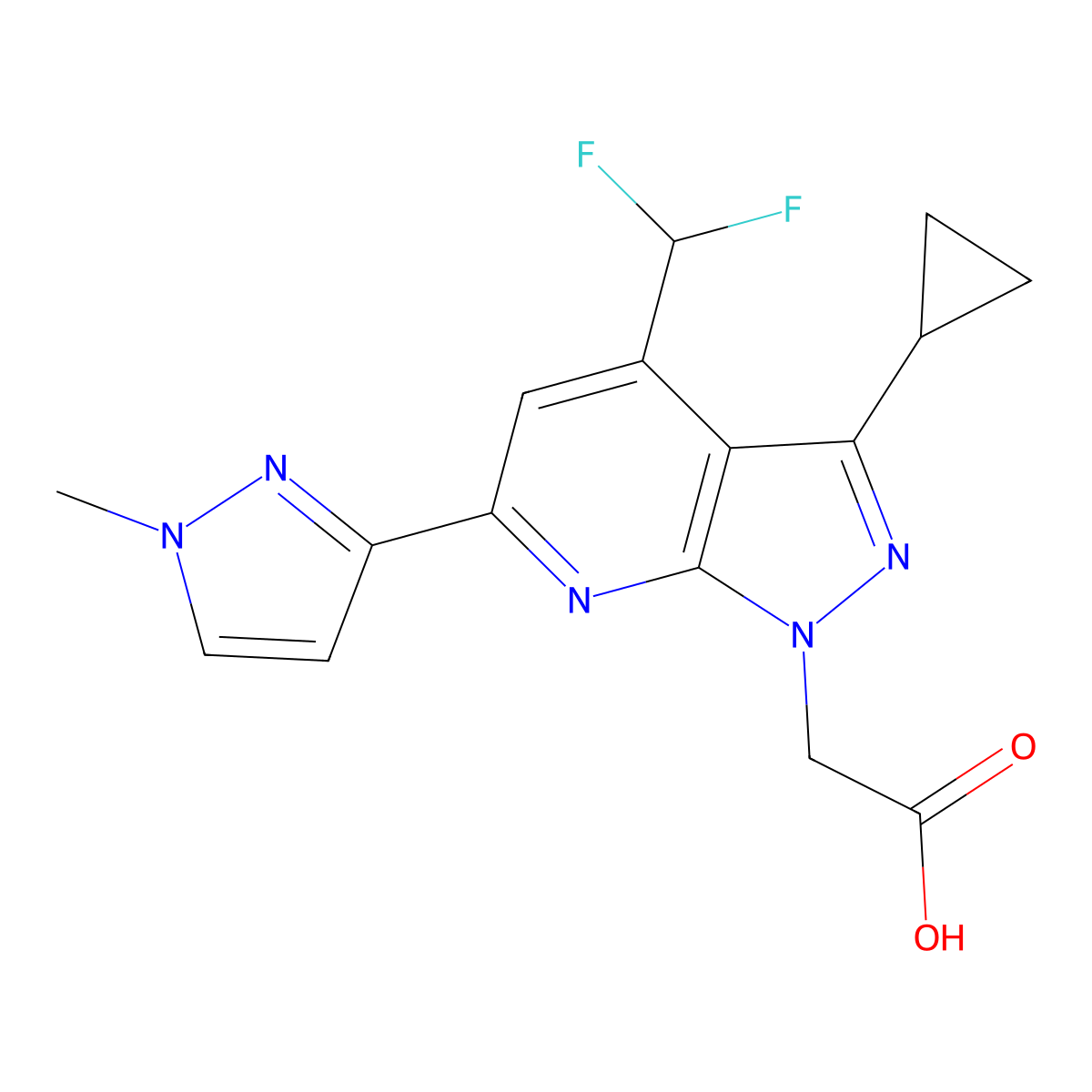 2-(3-Cyclopropyl-4-(difluoromethyl)-6-(1-methyl-1H-pyrazol-3-yl)-1H-pyrazolo[3,4-b]pyridin-1-yl)acetic acid molecular structure, CAS 1170416-36-0