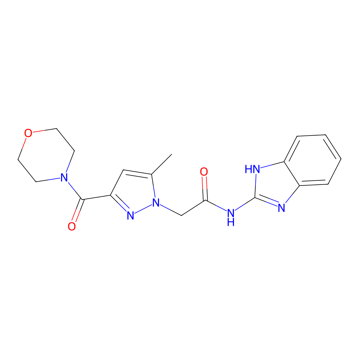 N-(1H-benzo[d]imidazol-2-yl)-2-(5-methyl-3-(morpholine-4-carbonyl)-1H-pyrazol-1-yl)acetamide molecular structure, CAS 1170417-32-9