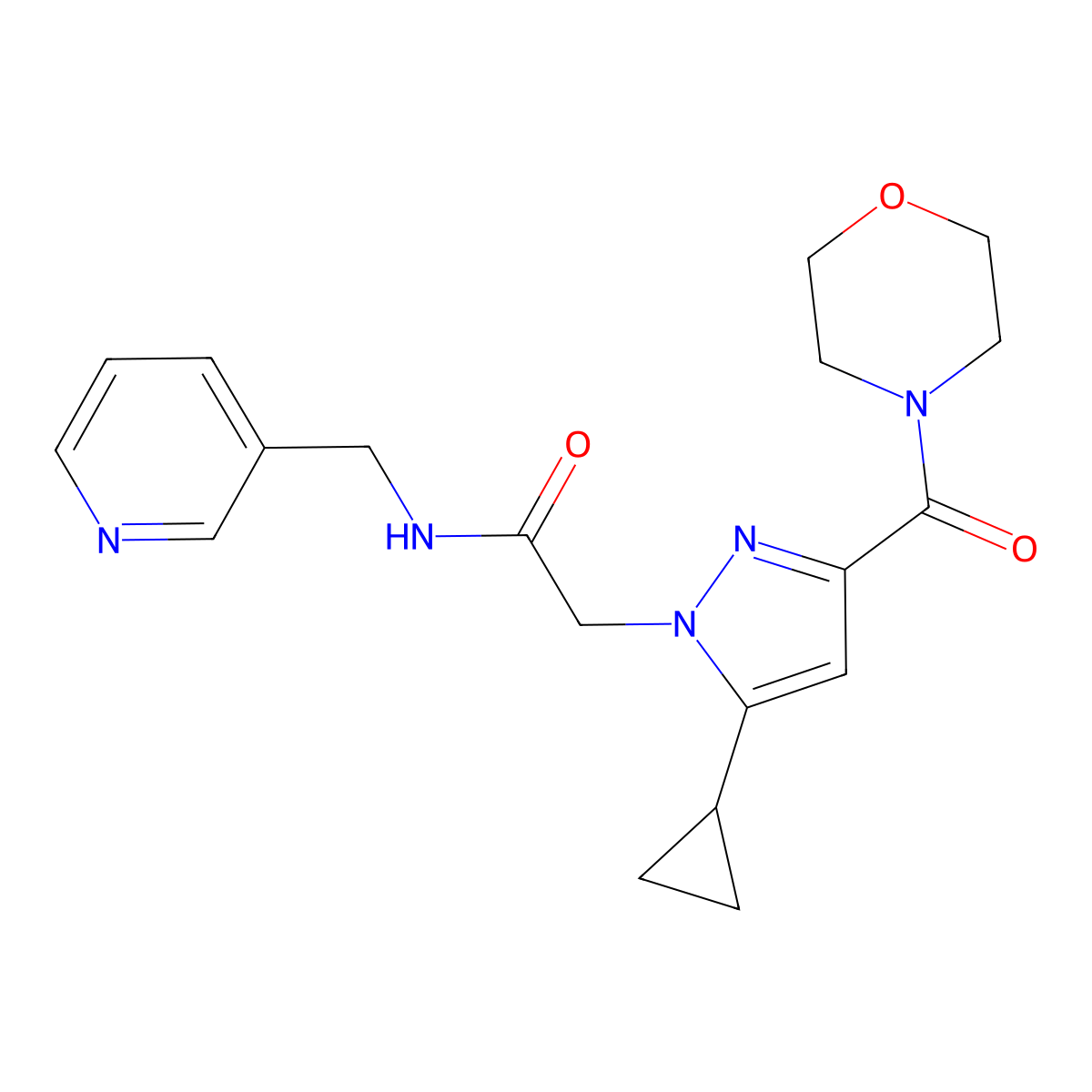 2-(5-cyclopropyl-3-(morpholine-4-carbonyl)-1H-pyrazol-1-yl)-N-(pyridin-3-ylmethyl)acetamide molecular structure, CAS 1170417-59-0