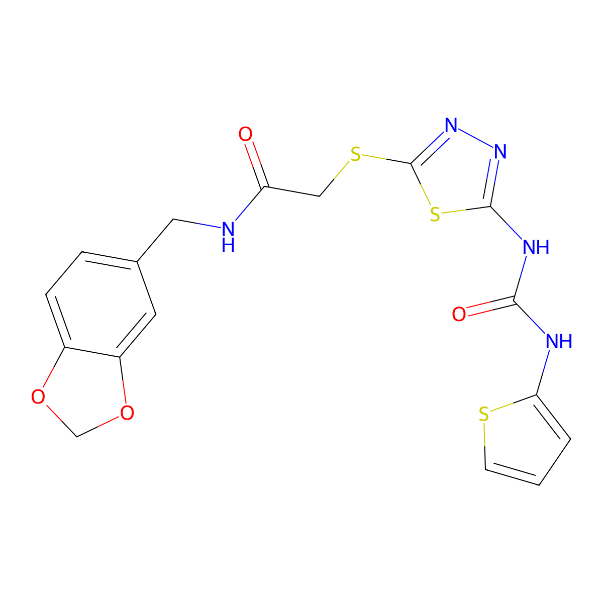 N-(benzo[d][1,3]dioxol-5-ylmethyl)-2-((5-(3-(thiophen-2-yl)ureido)-1,3,4-thiadiazol-2-yl)thio)acetamide molecular structure, CAS 1170418-35-5