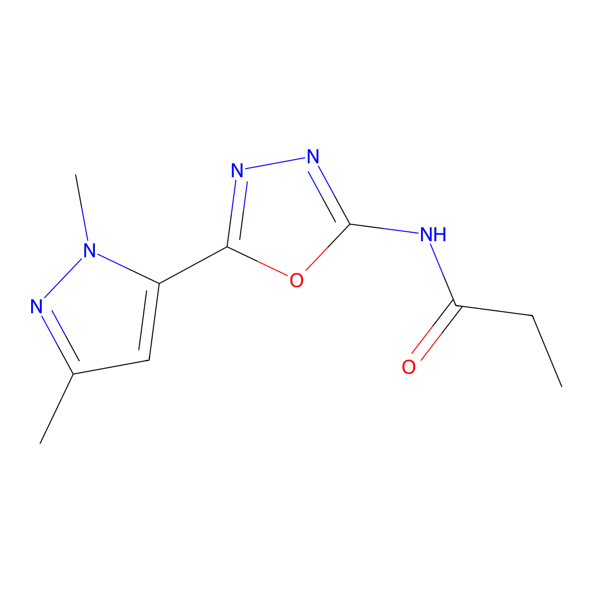 N-[5-(1,3-dimethyl-1H-pyrazol-5-yl)-1,3,4-oxadiazol-2-yl]propanamide molecular structure, CAS 1170418-37-7
