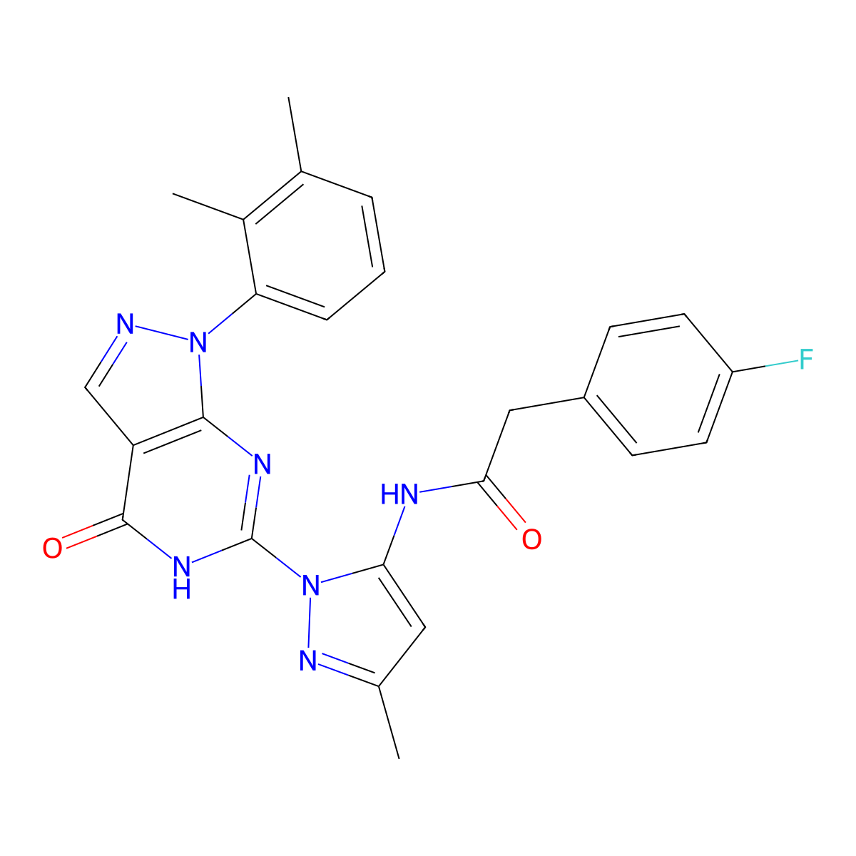 N-(1-(1-(2,3-dimethylphenyl)-4-oxo-4,5-dihydro-1H-pyrazolo[3,4-d]pyrimidin-6-yl)-3-methyl-1H-pyrazol-5-yl)-2-(4-fluorophenyl)acetamide molecular structure, CAS 1170419-53-0