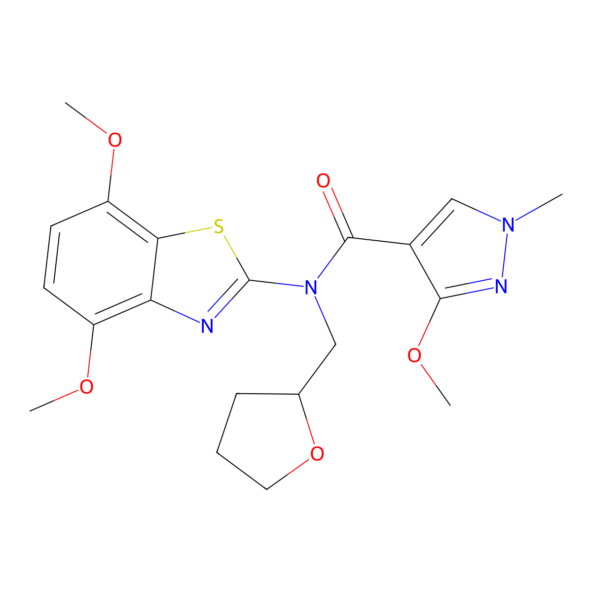 N-(4,7-dimethoxybenzo[d]thiazol-2-yl)-3-methoxy-1-methyl-N-((tetrahydrofuran-2-yl)methyl)-1H-pyrazole-4-carboxamide molecular structure, CAS 1170420-05-9