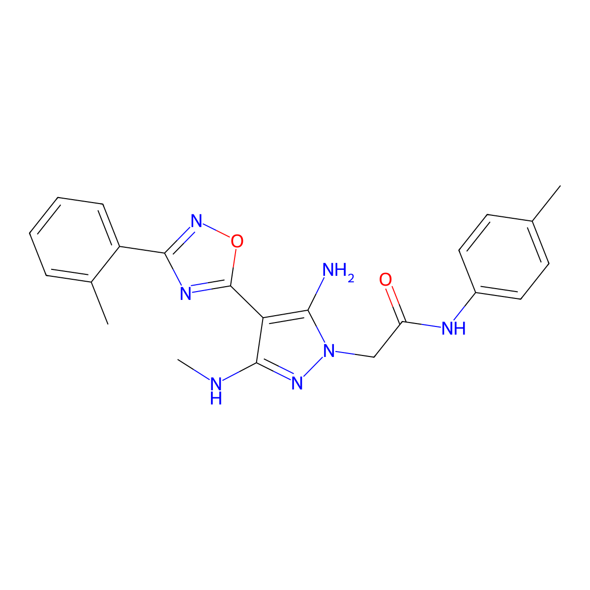 2-(5-amino-3-(methylamino)-4-(3-(o-tolyl)-1,2,4-oxadiazol-5-yl)-1H-pyrazol-1-yl)-N-(p-tolyl)acetamide molecular structure, CAS 1170423-84-3