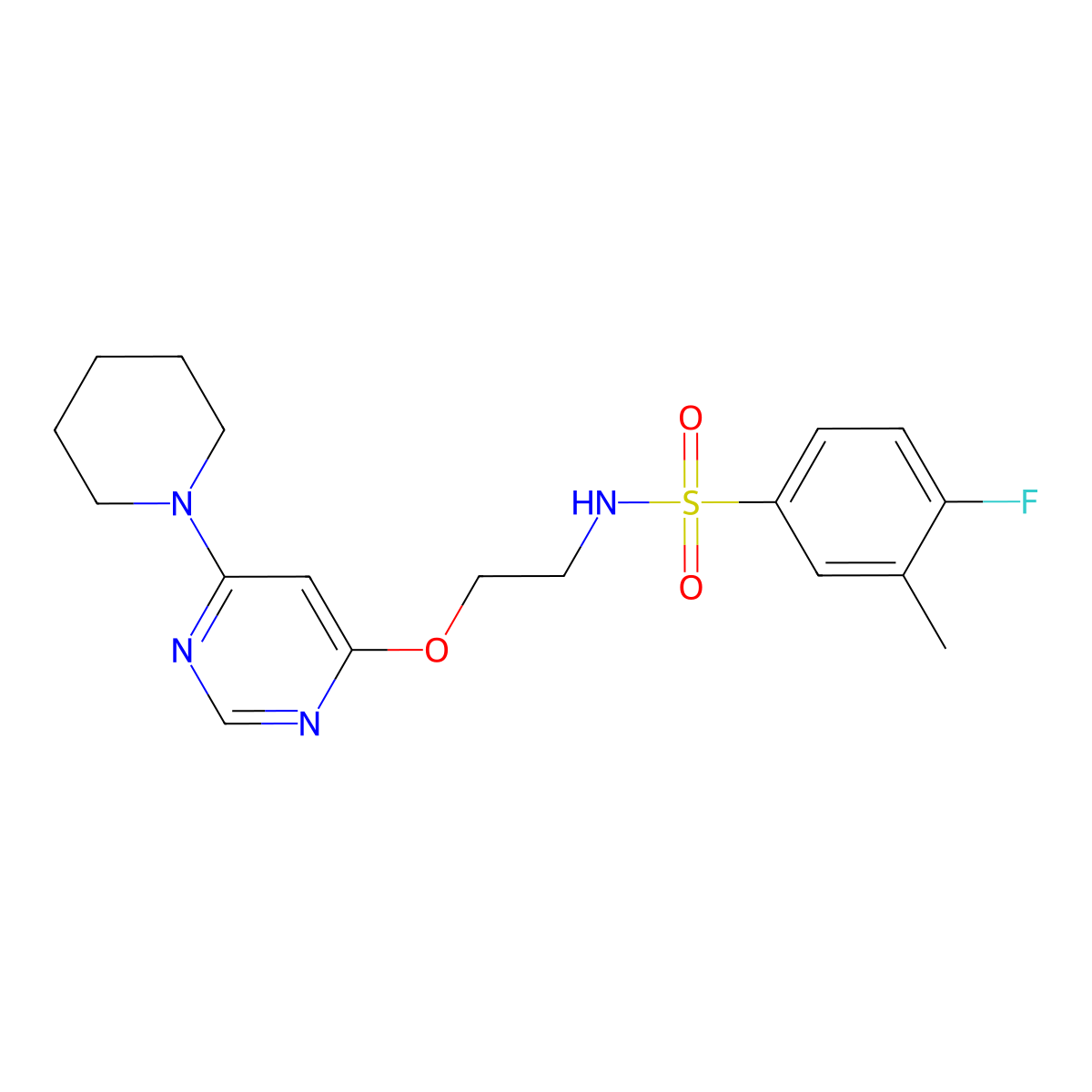 4-fluoro-3-methyl-N-(2-{[6-(piperidin-1-yl)pyrimidin-4-yl]oxy}ethyl)benzene-1-sulfonamide molecular structure, CAS 1170427-31-2