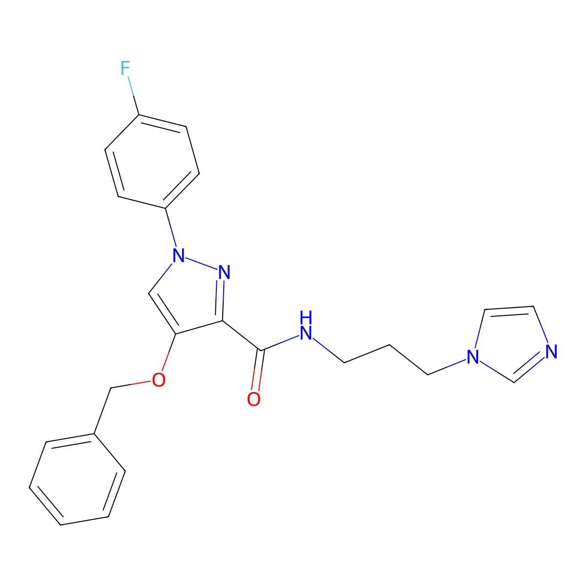 N-(3-(1H-imidazol-1-yl)propyl)-4-(benzyloxy)-1-(4-fluorophenyl)-1H-pyrazole-3-carboxamide molecular structure, CAS 1170427-75-4