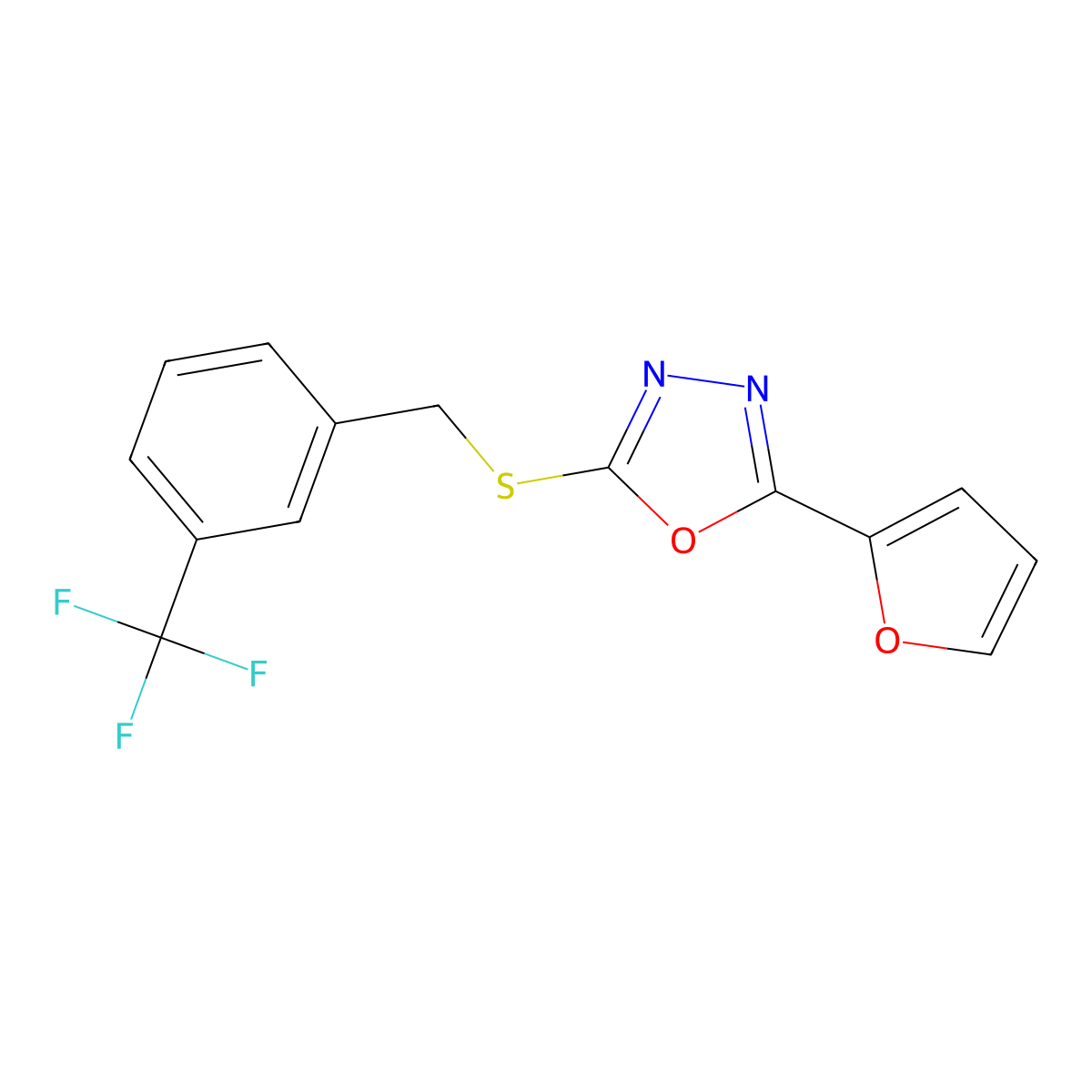 2-(Furan-2-yl)-5-((3-(trifluoromethyl)benzyl)thio)-1,3,4-oxadiazole molecular structure, CAS 1170430-91-7