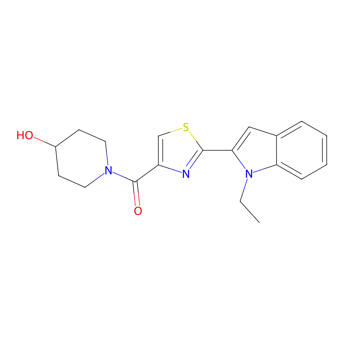 (2-(1-ethyl-1H-indol-2-yl)thiazol-4-yl)(4-hydroxypiperidin-1-yl)methanone molecular structure, CAS 1170434-46-4