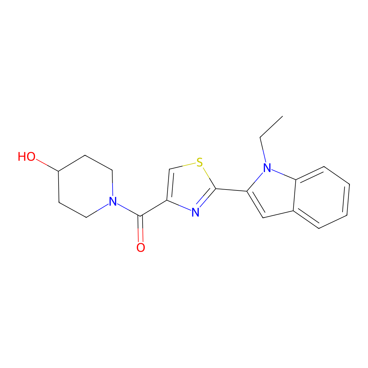 (2-(1-ethyl-1H-indol-2-yl)thiazol-4-yl)(4-hydroxypiperidin-1-yl)methanone molecular structure, CAS 1170434-46-4