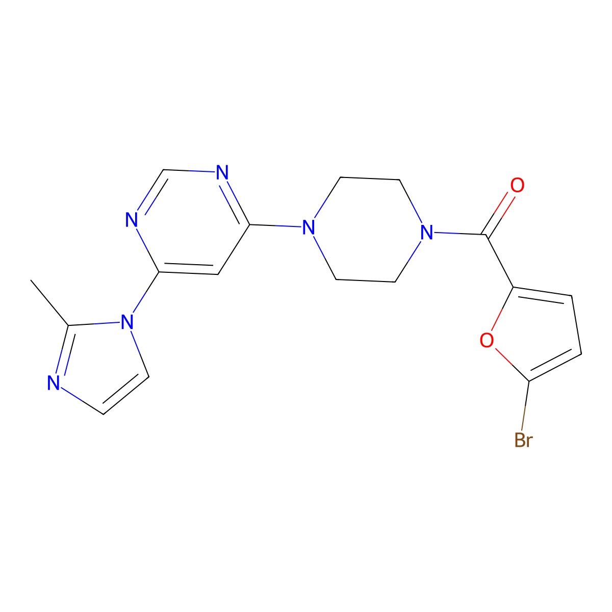 (5-bromofuran-2-yl)(4-(6-(2-methyl-1H-imidazol-1-yl)pyrimidin-4-yl)piperazin-1-yl)methanone molecular structure, CAS 1170434-88-4