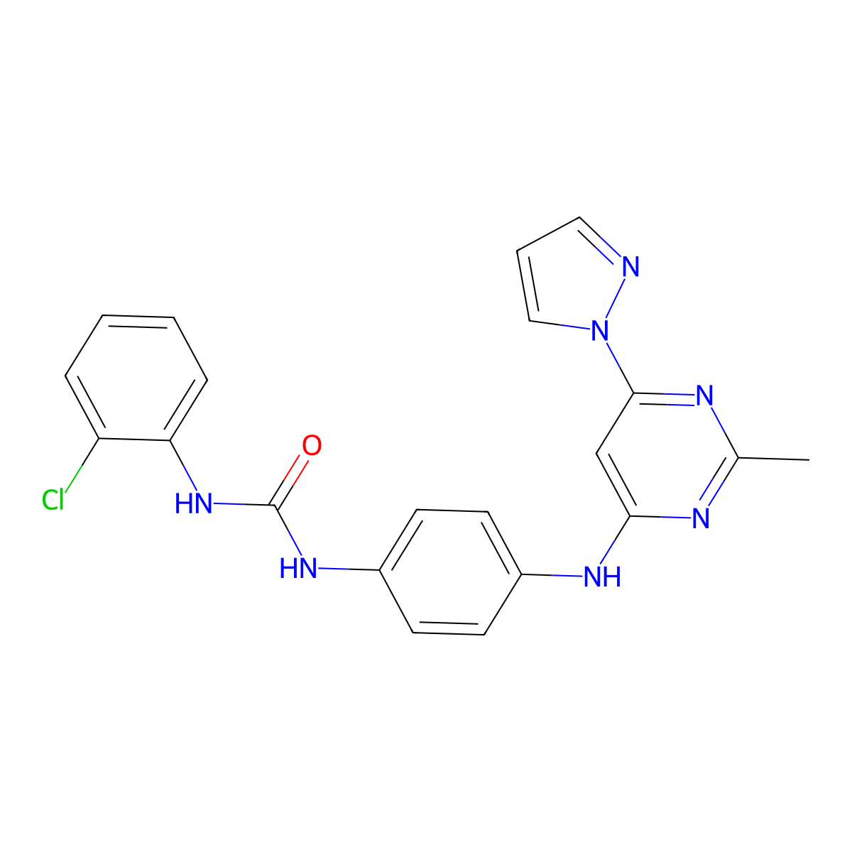 1-(2-chlorophenyl)-3-(4-((2-methyl-6-(1H-pyrazol-1-yl)pyrimidin-4-yl)amino)phenyl)urea molecular structure, CAS 1170435-11-6