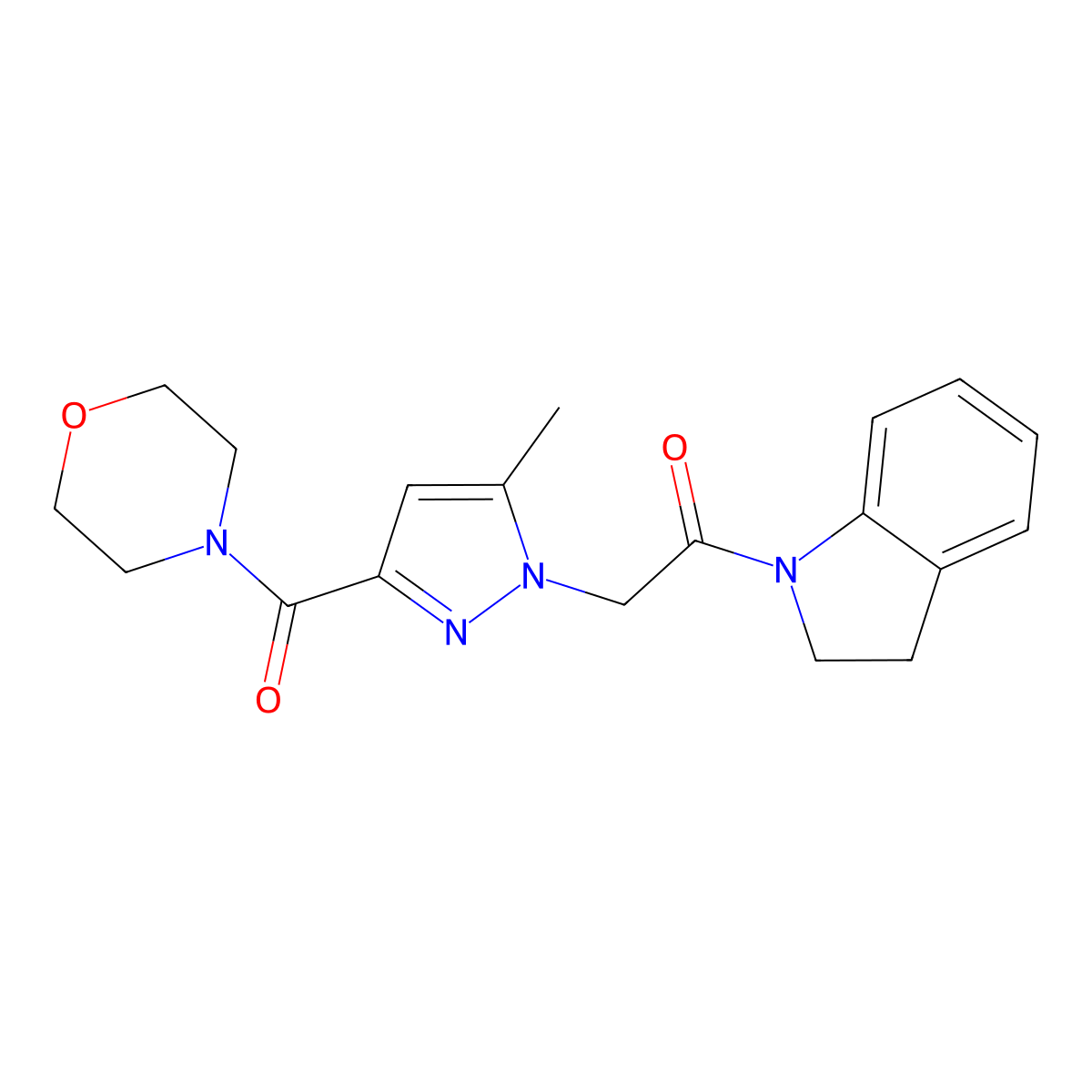 1-(indolin-1-yl)-2-(5-methyl-3-(morpholine-4-carbonyl)-1H-pyrazol-1-yl)ethanone molecular structure, CAS 1170435-31-0