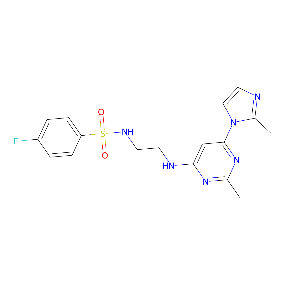 4-fluoro-N-(2-((2-methyl-6-(2-methyl-1H-imidazol-1-yl)pyrimidin-4-yl)amino)ethyl)benzenesulfonamide molecular structure, CAS 1170436-26-6