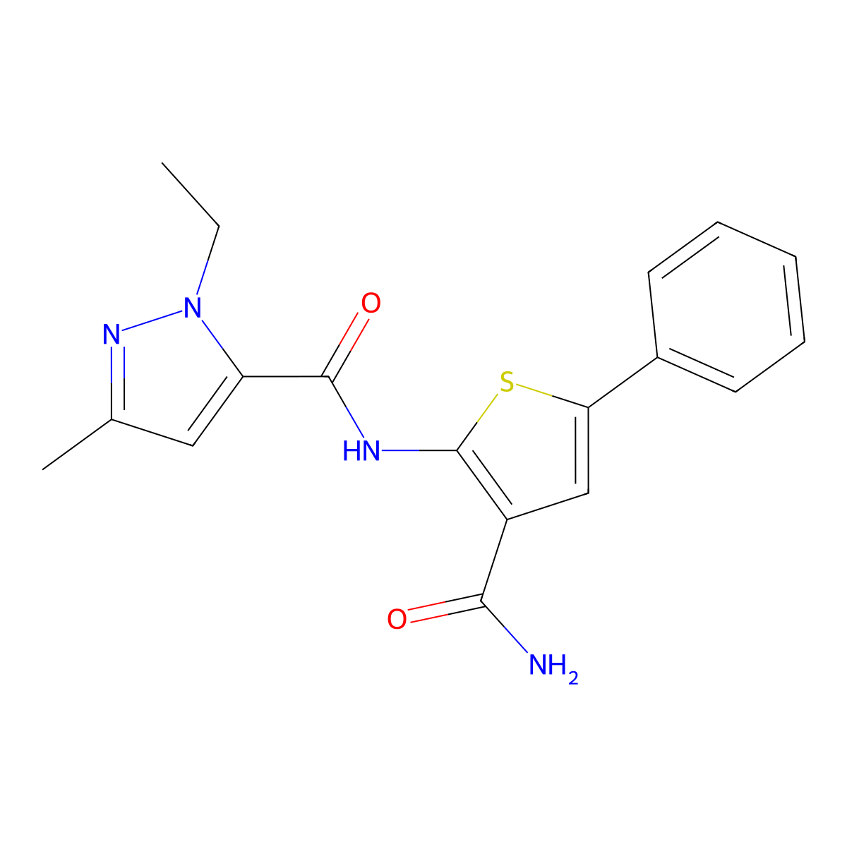 N-(3-carbamoyl-5-phenylthiophen-2-yl)-1-ethyl-3-methyl-1H-pyrazole-5-carboxamide molecular structure, CAS 1170438-20-6