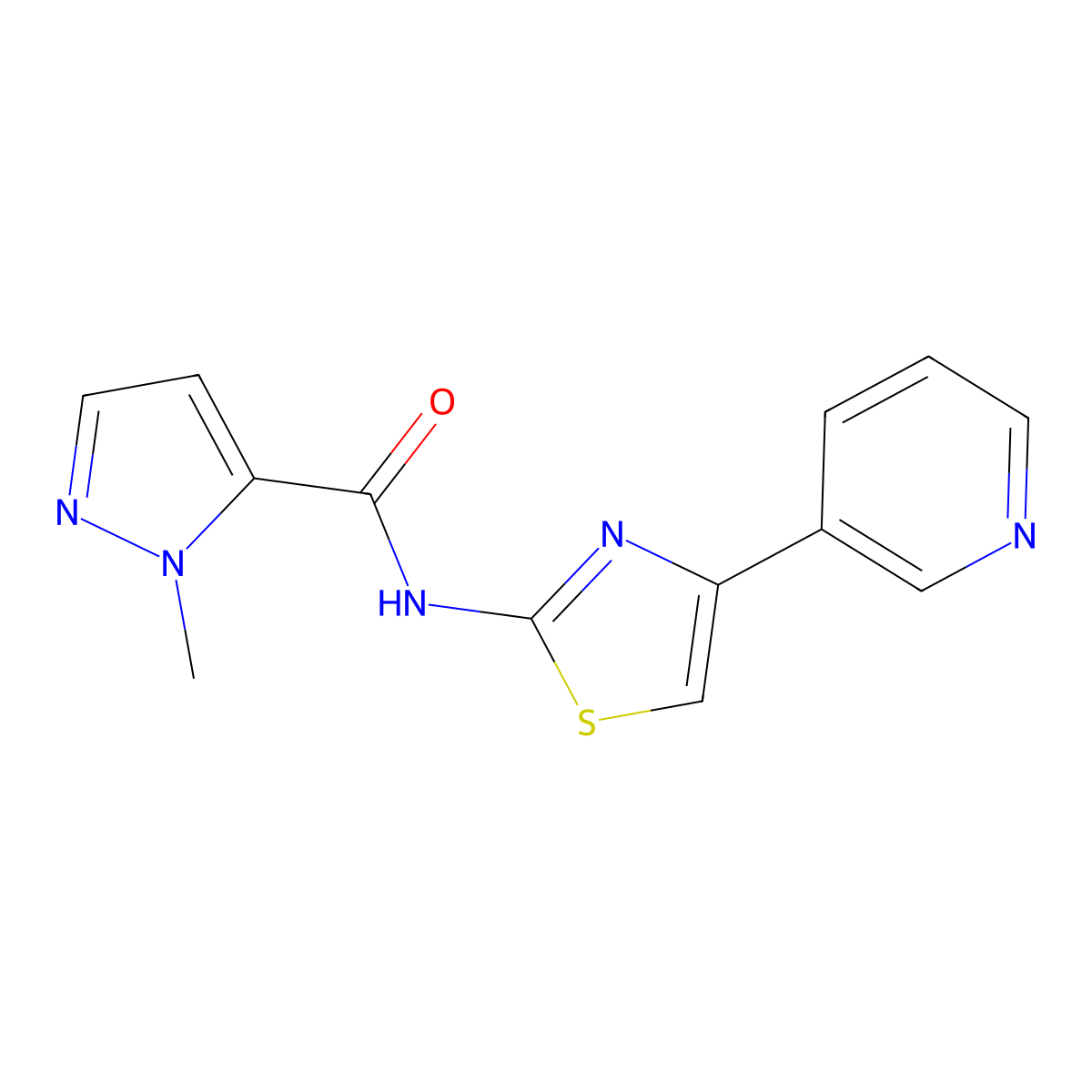 1-methyl-N-(4-(pyridin-3-yl)thiazol-2-yl)-1H-pyrazole-5-carboxamide molecular structure, CAS 1170438-69-3