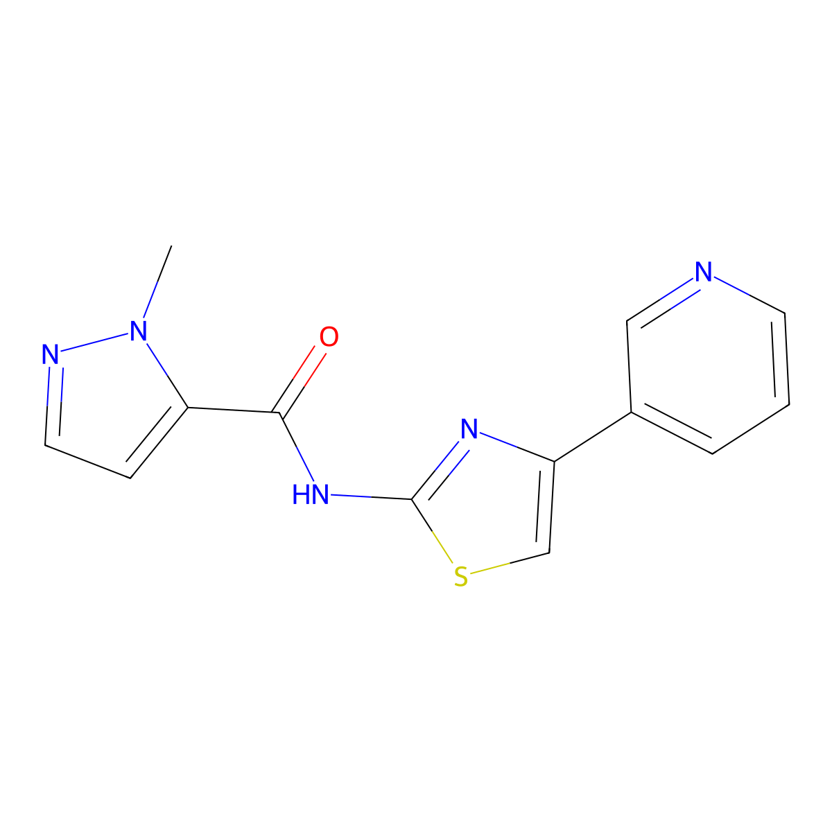 1-methyl-N-(4-(pyridin-3-yl)thiazol-2-yl)-1H-pyrazole-5-carboxamide molecular structure, CAS 1170438-69-3