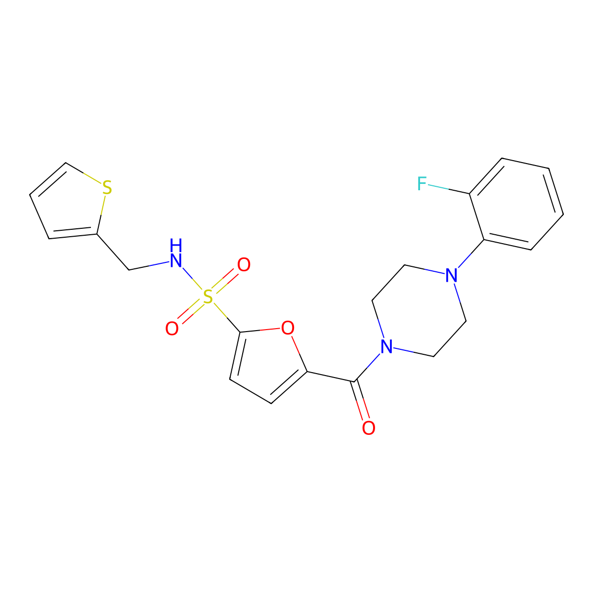 5-(4-(2-fluorophenyl)piperazine-1-carbonyl)-N-(thiophen-2-ylmethyl)furan-2-sulfonamide molecular structure, CAS 1170441-12-9