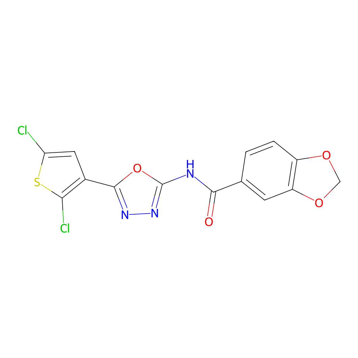 N-(5-(2,5-dichlorothiophen-3-yl)-1,3,4-oxadiazol-2-yl)benzo[d][1,3]dioxole-5-carboxamide molecular structure, CAS 1170441-78-7