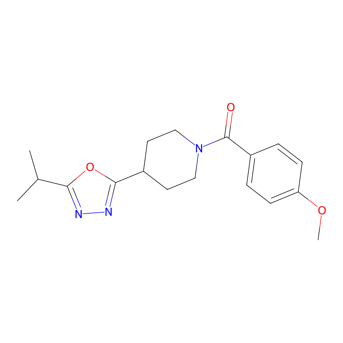 (4-(5-Isopropyl-1,3,4-oxadiazol-2-yl)piperidin-1-yl)(4-methoxyphenyl)methanone molecular structure, CAS 1170442-67-7
