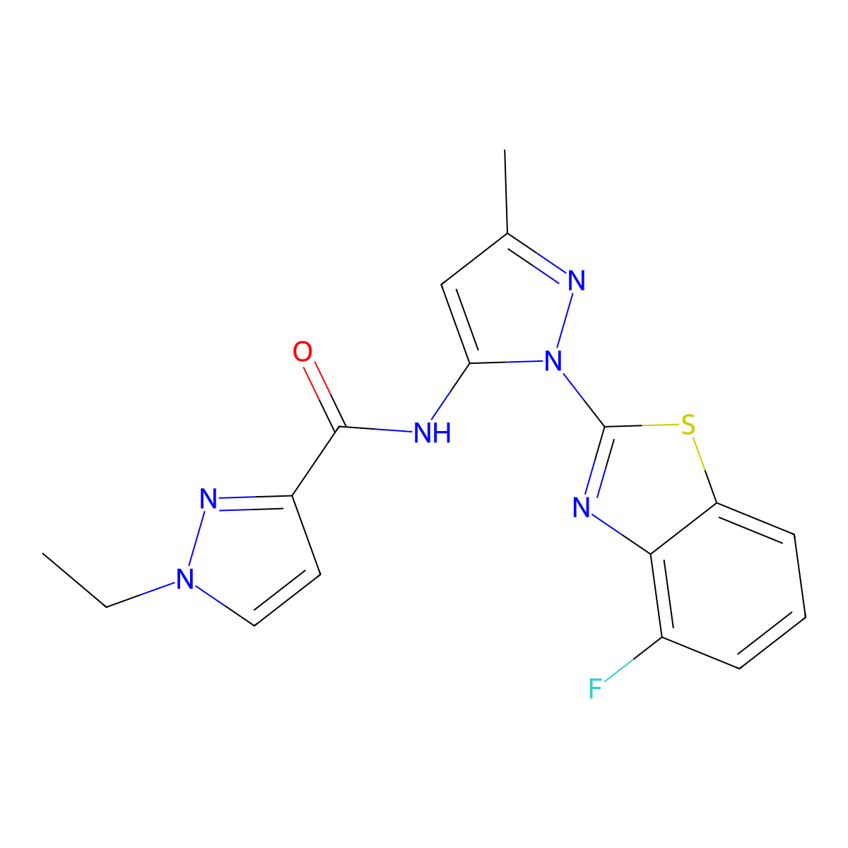 1-ethyl-N-(1-(4-fluorobenzo[d]thiazol-2-yl)-3-methyl-1H-pyrazol-5-yl)-1H-pyrazole-3-carboxamide molecular structure, CAS 1170445-11-0