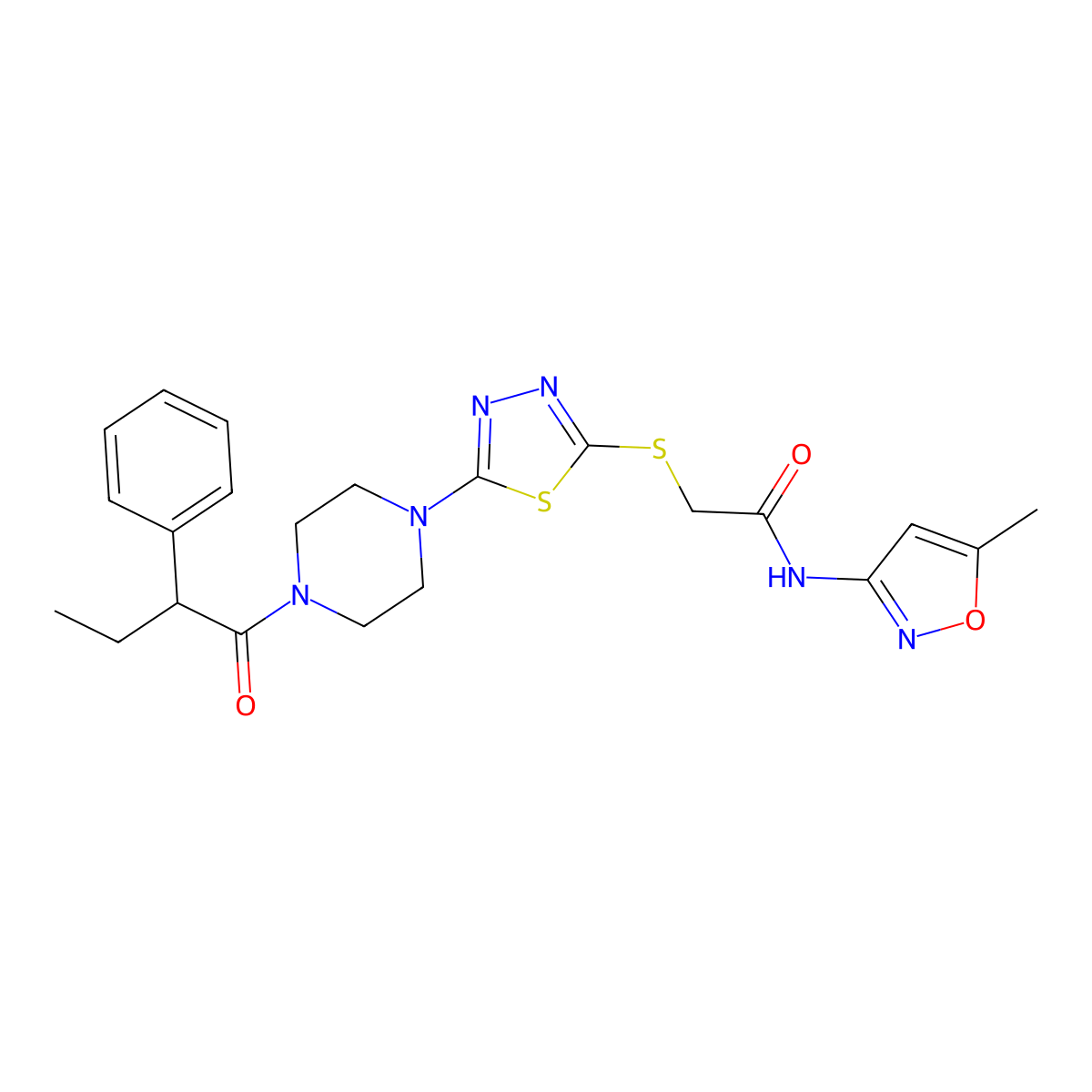 N-(5-methylisoxazol-3-yl)-2-((5-(4-(2-phenylbutanoyl)piperazin-1-yl)-1,3,4-thiadiazol-2-yl)thio)acetamide molecular structure, CAS 1170445-79-0