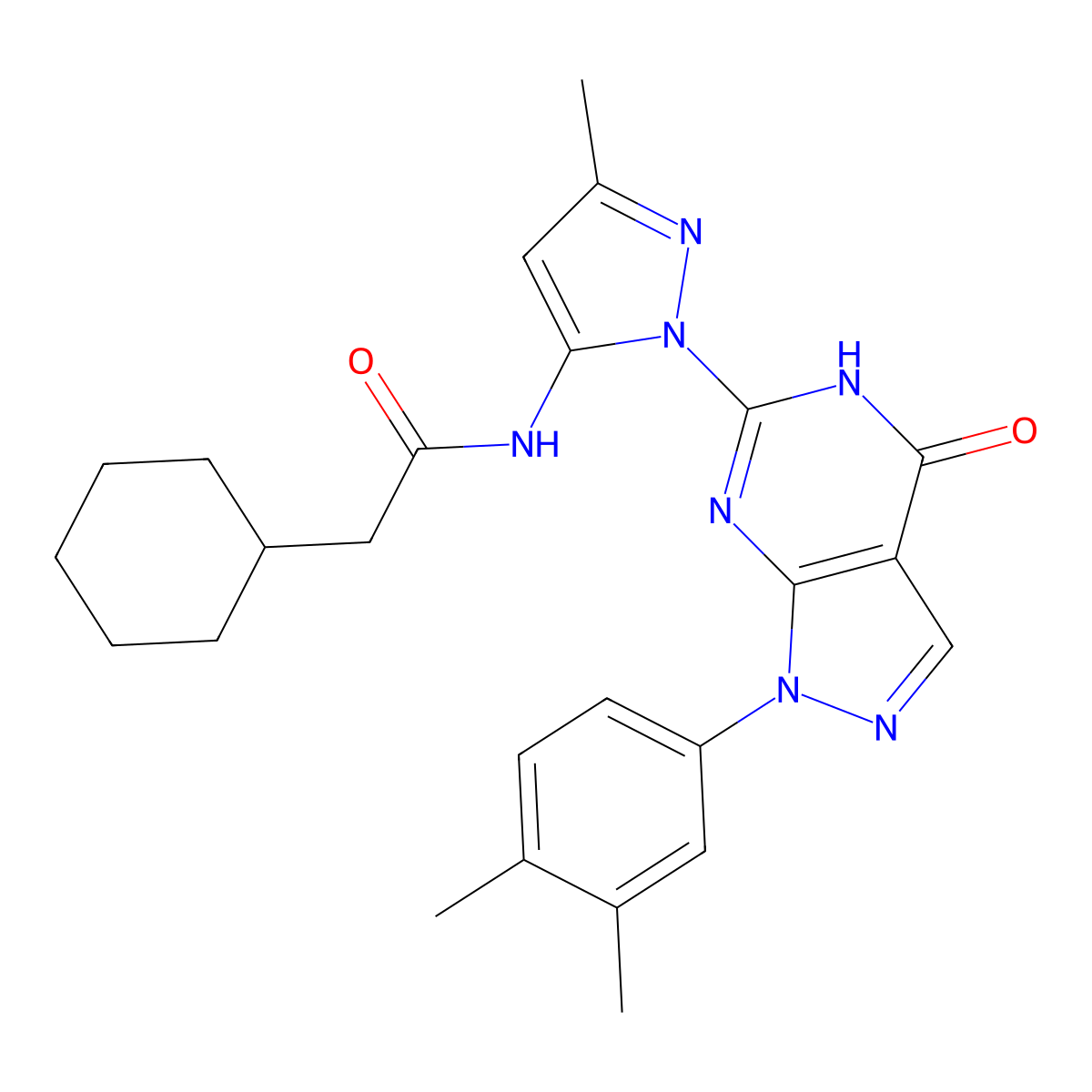 2-cyclohexyl-N-(1-(1-(3,4-dimethylphenyl)-4-oxo-4,5-dihydro-1H-pyrazolo[3,4-d]pyrimidin-6-yl)-3-methyl-1H-pyrazol-5-yl)acetamide molecular structure, CAS 1170446-15-7