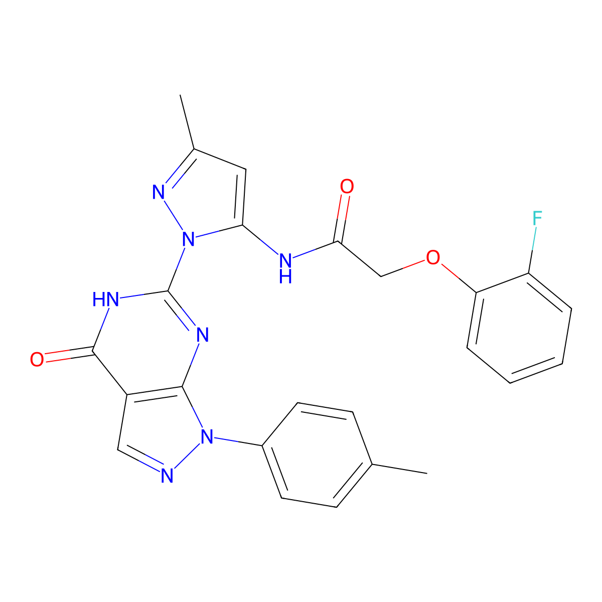 2-(2-fluorophenoxy)-N-(3-methyl-1-(4-oxo-1-(p-tolyl)-4,5-dihydro-1H-pyrazolo[3,4-d]pyrimidin-6-yl)-1H-pyrazol-5-yl)acetamide molecular structure, CAS 1170447-67-2