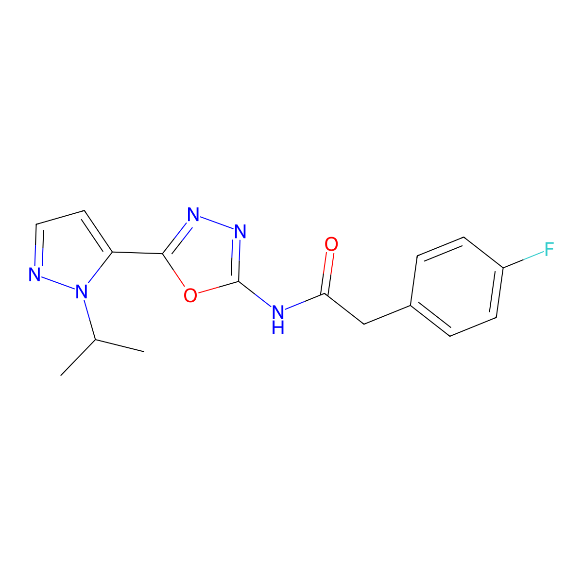 2-(4-fluorophenyl)-N-(5-(1-isopropyl-1H-pyrazol-5-yl)-1,3,4-oxadiazol-2-yl)acetamide molecular structure, CAS 1170448-86-8