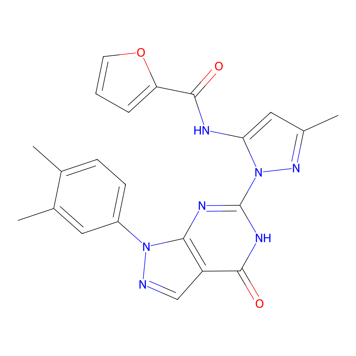 N-(1-(1-(3,4-dimethylphenyl)-4-oxo-4,5-dihydro-1H-pyrazolo[3,4-d]pyrimidin-6-yl)-3-methyl-1H-pyrazol-5-yl)furan-2-carboxamide molecular structure, CAS 1170449-29-2