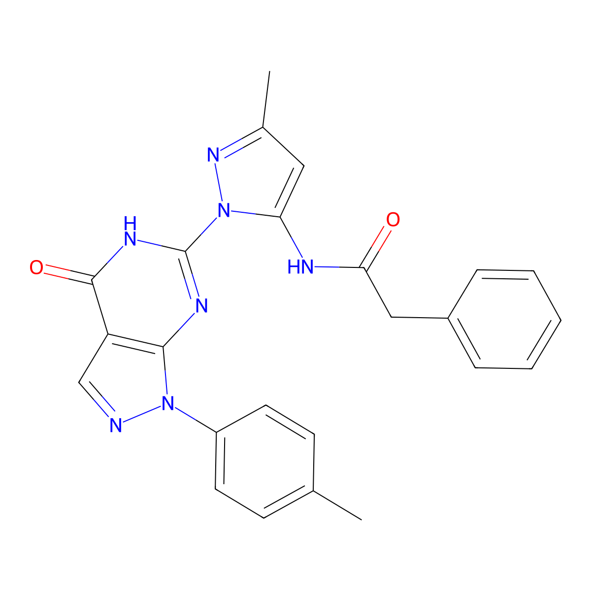 N-(3-methyl-1-(4-oxo-1-(p-tolyl)-4,5-dihydro-1H-pyrazolo[3,4-d]pyrimidin-6-yl)-1H-pyrazol-5-yl)-2-phenylacetamide molecular structure, CAS 1170452-62-6