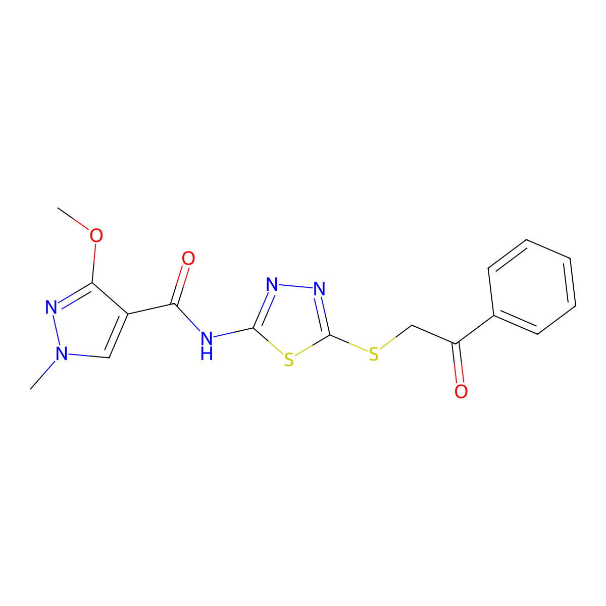3-methoxy-1-methyl-N-(5-((2-oxo-2-phenylethyl)thio)-1,3,4-thiadiazol-2-yl)-1H-pyrazole-4-carboxamide molecular structure, CAS 1170460-32-8