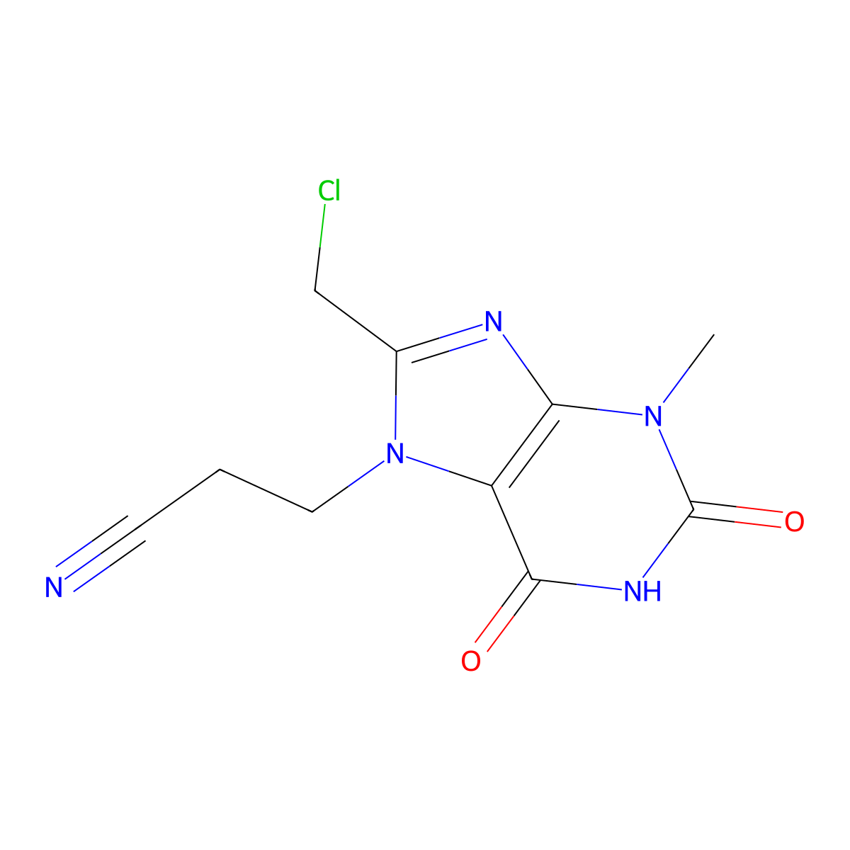 3-(8-(chloromethyl)-3-methyl-2,6-dioxo-2,3-dihydro-1H-purin-7(6H)-yl)propanenitrile molecular structure, CAS 1170464-17-1