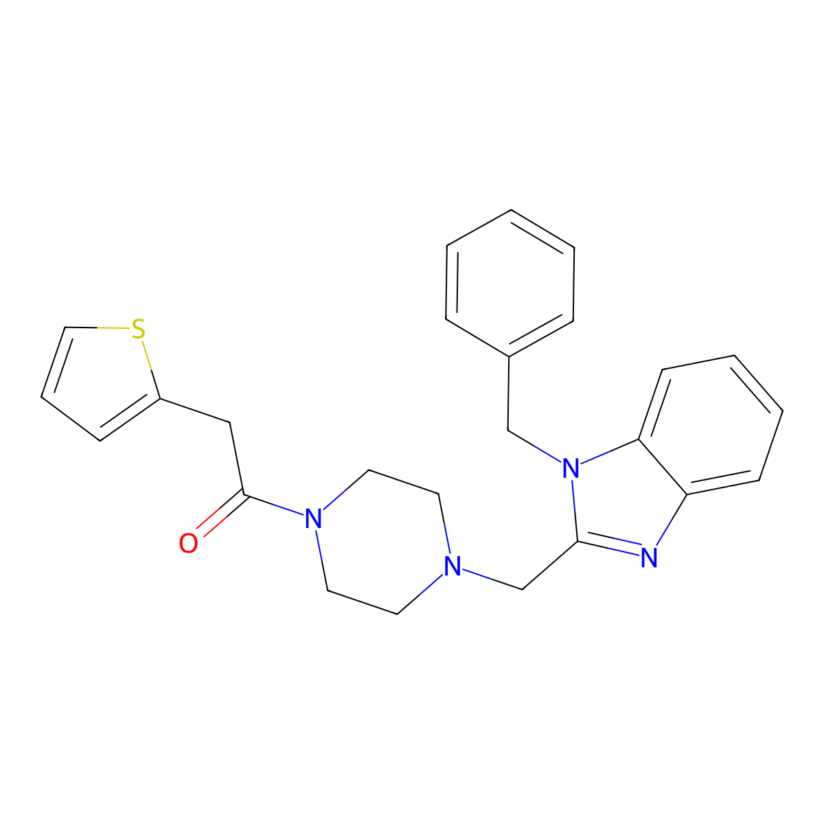 1-(4-((1-benzyl-1H-benzo[d]imidazol-2-yl)methyl)piperazin-1-yl)-2-(thiophen-2-yl)ethanone molecular structure, CAS 1170465-00-5