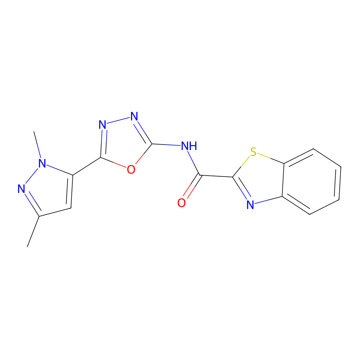 N-[5-(1,3-dimethyl-1H-pyrazol-5-yl)-1,3,4-oxadiazol-2-yl]-1,3-benzothiazole-2-carboxamide molecular structure, CAS 1170465-27-6