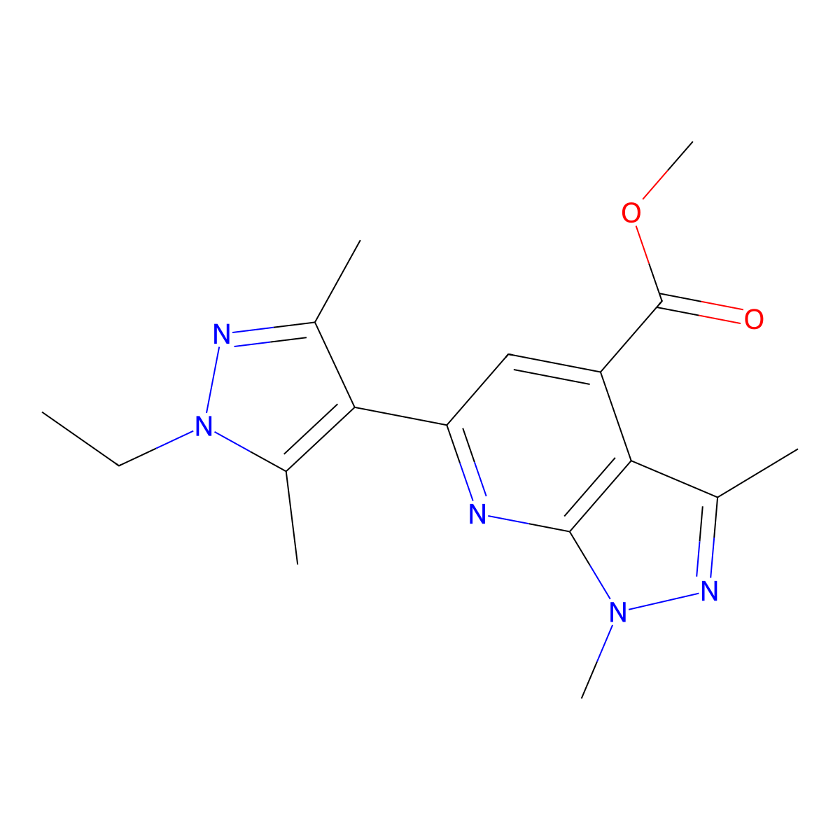 methyl 6-(1-ethyl-3,5-dimethyl-1H-pyrazol-4-yl)-1,3-dimethyl-1H-pyrazolo[3,4-b]pyridine-4-carboxylate molecular structure, CAS 1170468-79-7